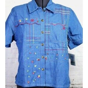 Koret City Blues women's PM blouse indigo Tic Tac Toe scallops & florals